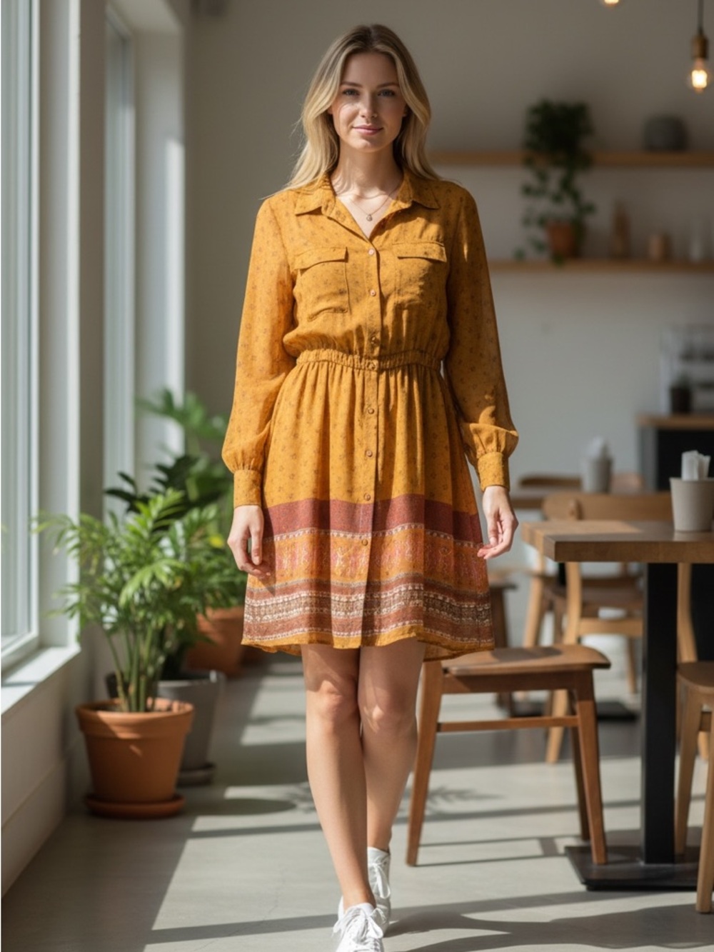 Women's Mustard Long-Sleeve Button-Front Border Print Dress